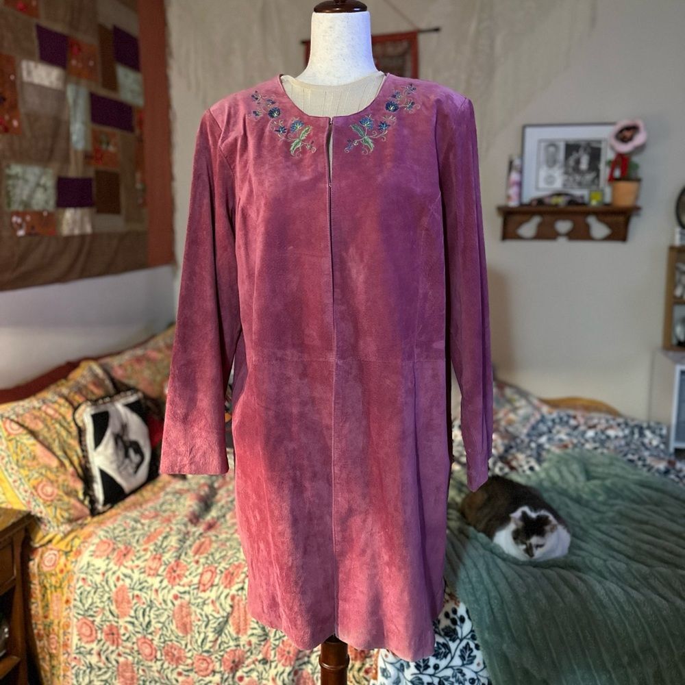 Denim-co Pink Suede Leather Vintage Floral Embroidered Overcoat